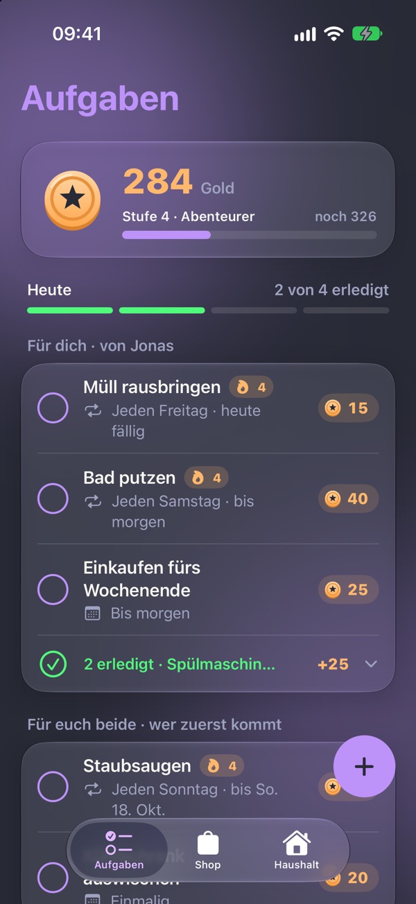 LootChores auf dem iPhone: oben 284 Gold und Stufe 4, Abenteurer. Darunter „Heute 2 von 4 erledigt“ und Aufgaben von Jonas wie Müll rausbringen für 15 Gold und Bad putzen für 40 Gold, beide 4-mal am Stück erledigt