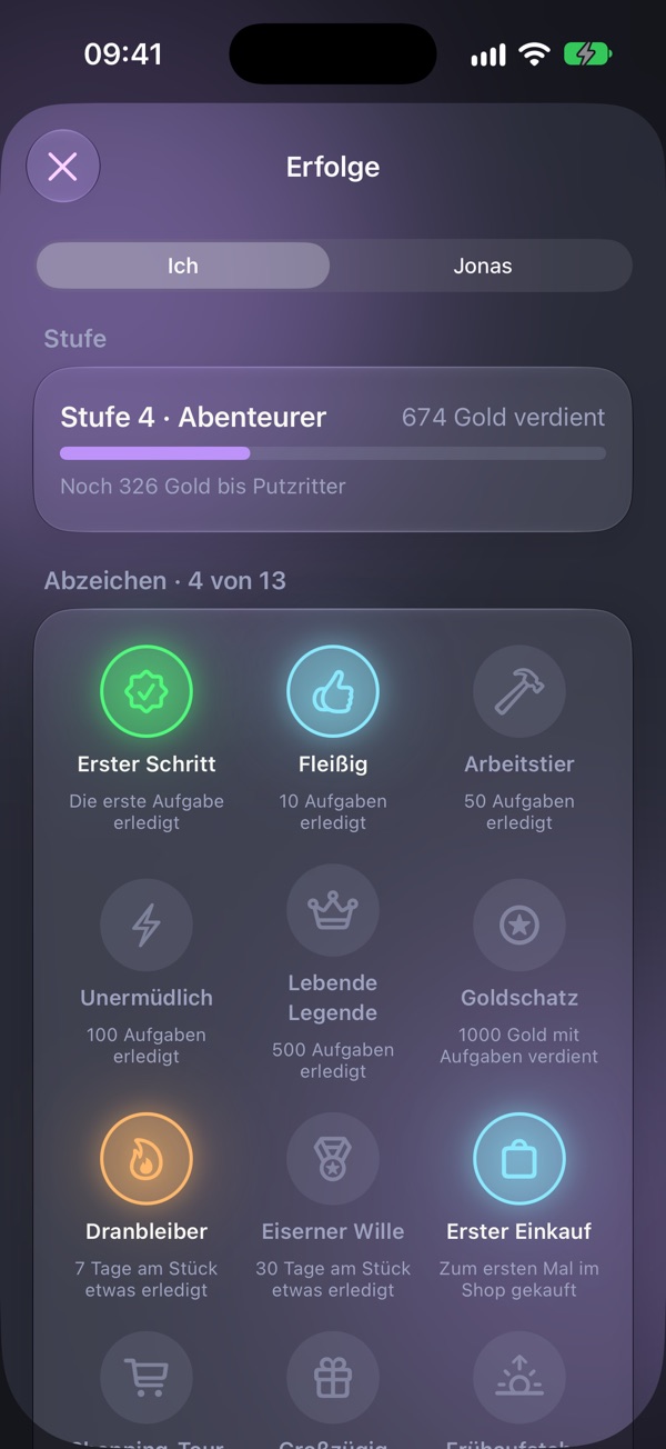 Erfolge: Stufe 4, Abenteurer, 674 Gold verdient. Darunter Abzeichen wie Erster Schritt, Fleißig, Dranbleiber und Erster Einkauf