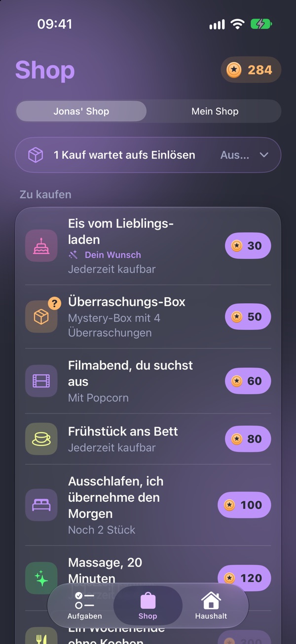 Jonas' Shop in der App: oben „1 Kauf wartet aufs Einlösen“, darunter Eis vom Lieblingsladen für 30 Gold als dein Wunsch, eine Überraschungs-Box für 50 Gold und Filmabend für 60 Gold