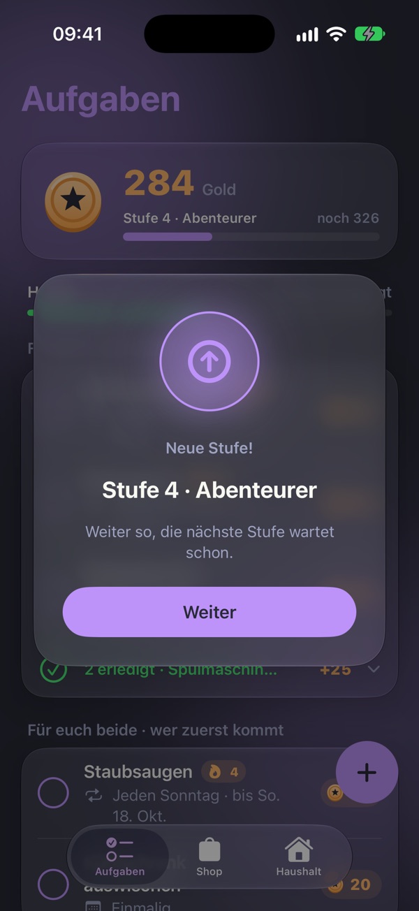 Feier in der App: Neue Stufe! Stufe 4, Abenteurer